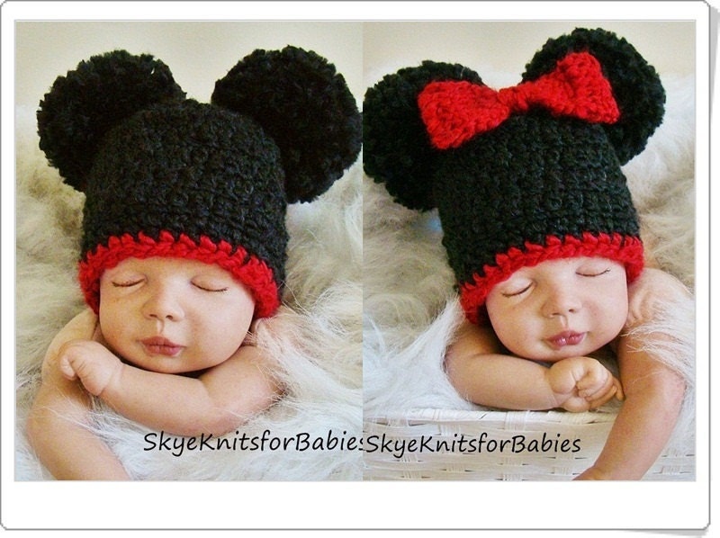 Twin Set Mickey and Minnie Mouse Inspired Pom Pom Hats, Beautiful Photography Prop - Also Sold Separately