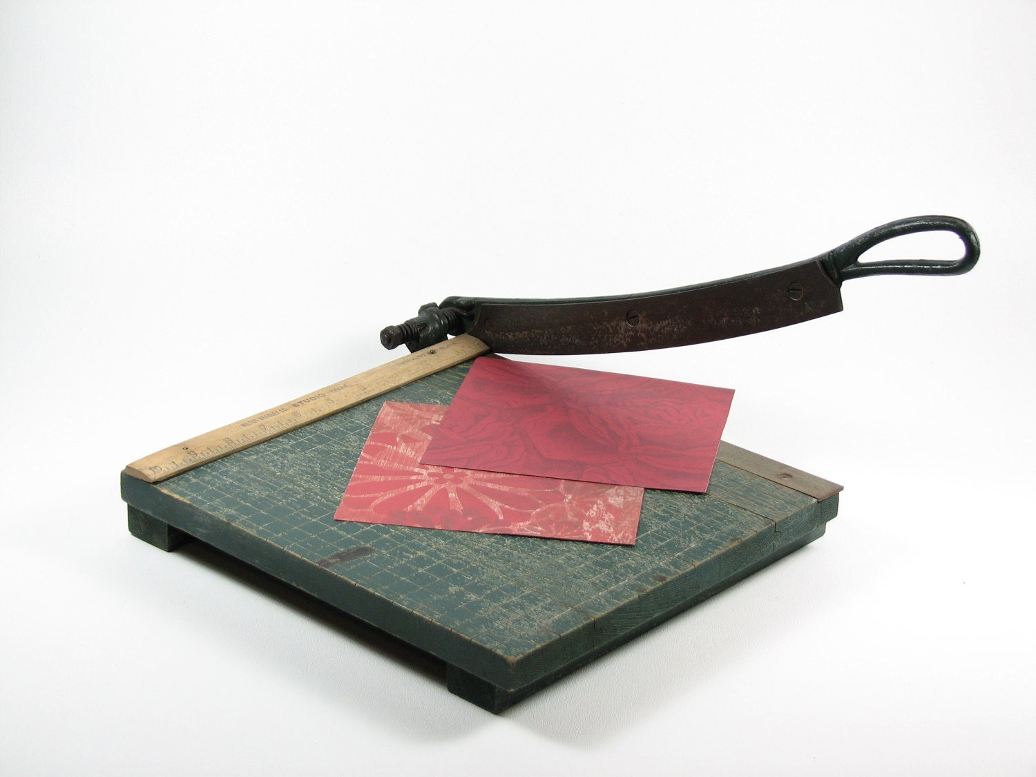 Vintage Wood Paper Cutter Craft Tool Milton Bradley Forest Green