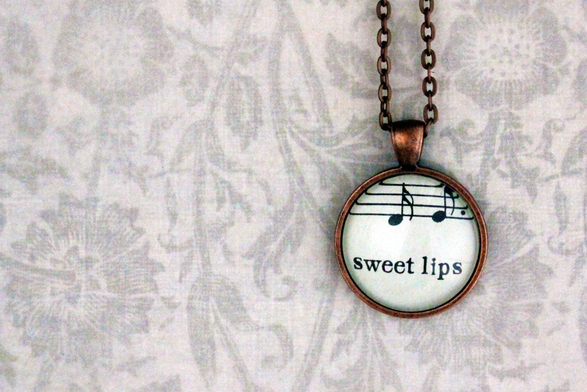 Sheet music necklace. Copper pendant with real vintage sheet music under glass dome. Sweet lips
