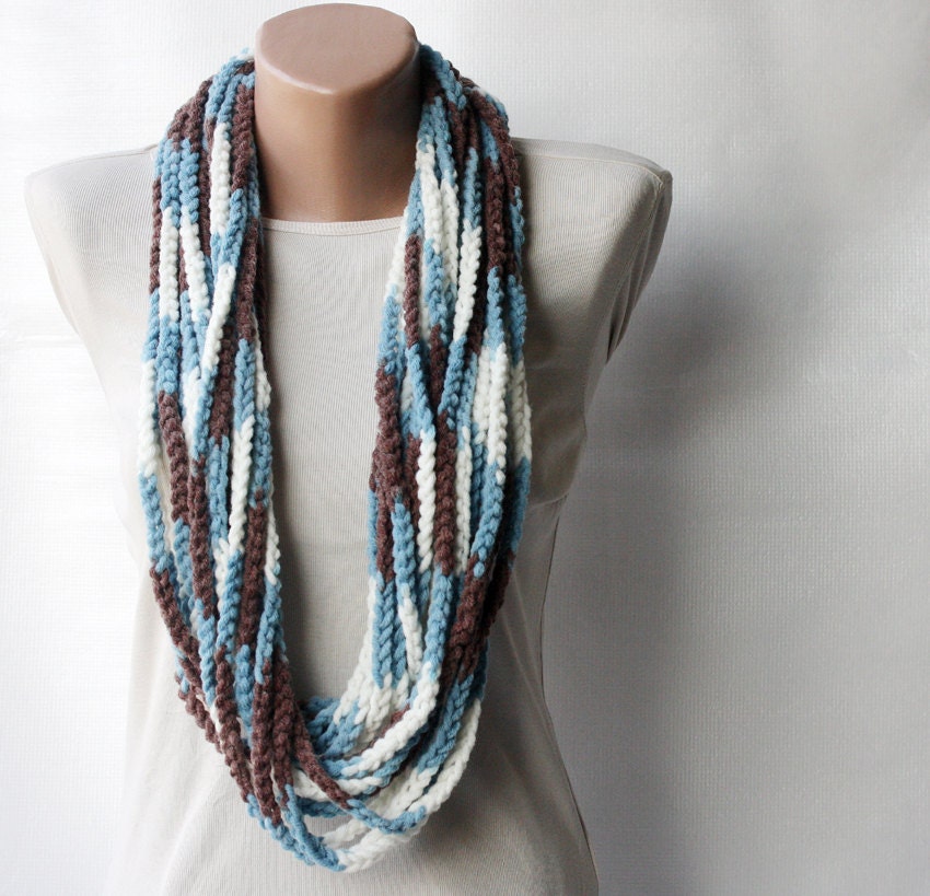 Crochet scarf - infinity chunky wool blend - multicolor white brown blue Winter accessories MADE TO ORDER