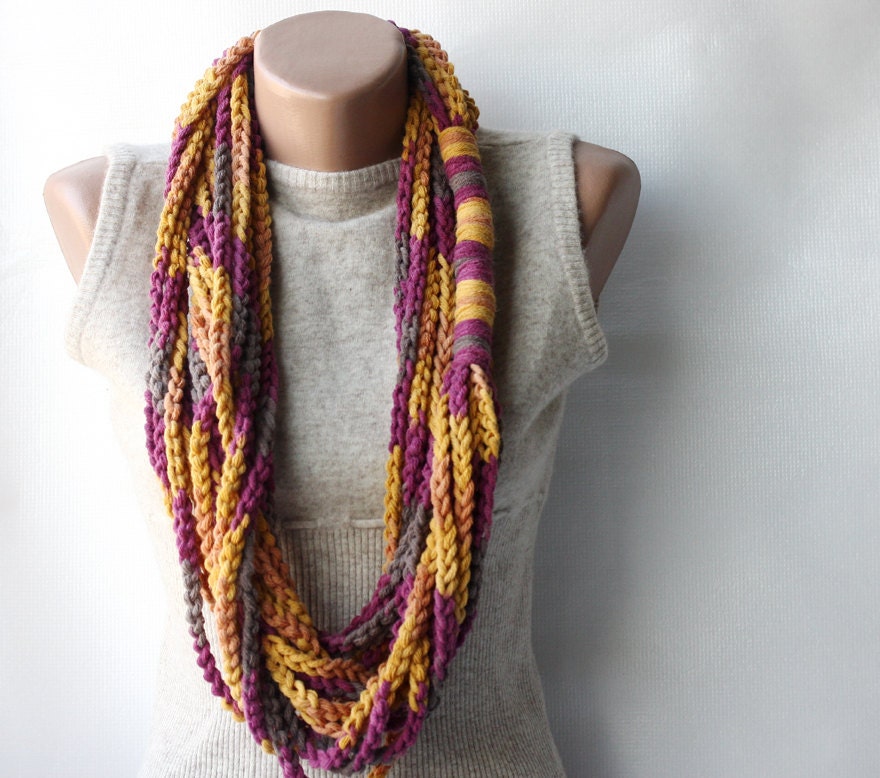 WINTER SALE Chain infinity scarf Multicolor crochet necklace Mustard purple brown tan spring accessories