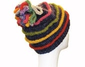 Blue Striped Knitted Hat with Multicolor Pom Pom
