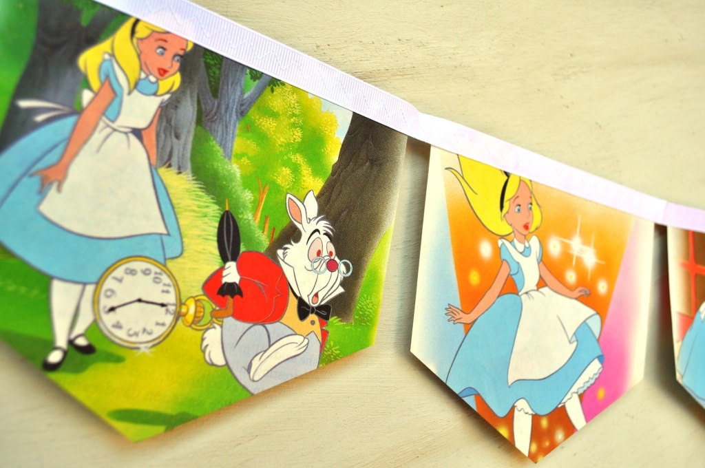 Alice in Wonderland Vintage Little Golden Story Book Repurposed Childrens Gift Party storybook Banner