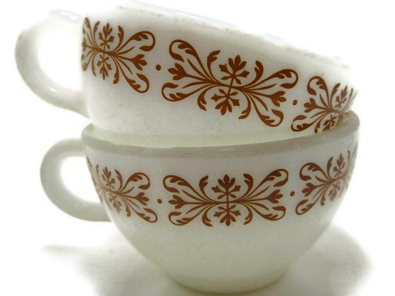 Pyrex Milk Glass Copper Filigree Diner Cups - Sets of 2