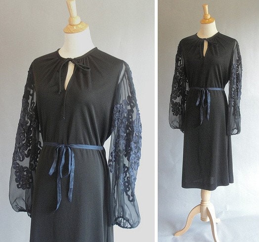 Vintage 1970s Black Sheer Sleeved Dress  with Peasant Top by EDITH FLAGG