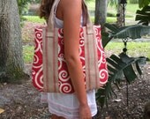 Funky Retro Red White Funky Swirls Shopper Tote Weekender Bag Purse Jute Webbing-Swirly