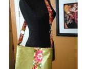 READY TO SHIP Green Leather Funky Kaufman Fabric Messenger Diaper Shopper Tote Bag-Just Peachy