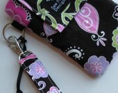 Iphone Blackberry Droid Cell Phone Camera Sleeve Pink Purple Brown Boho Funky Flowers Fabric Wristlet Key Fob Case Front Pocket Washable