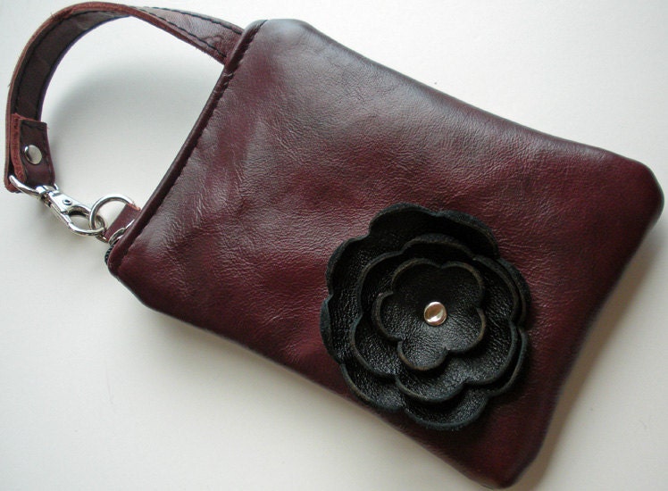 Red Burgundy Cabernet Leather Black Poppy Flower Cell Phone Ipod Iphone Droid Gadget Case Zipper Pouch