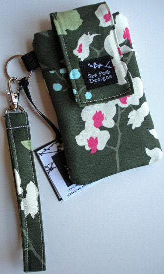 Orchids Flowers Dewberry Green Pink Fabric Iphone Blackberry Droid Cell Phone Case Sleeve Padded Wristlet Key Fob Case Front Pocket Washable
