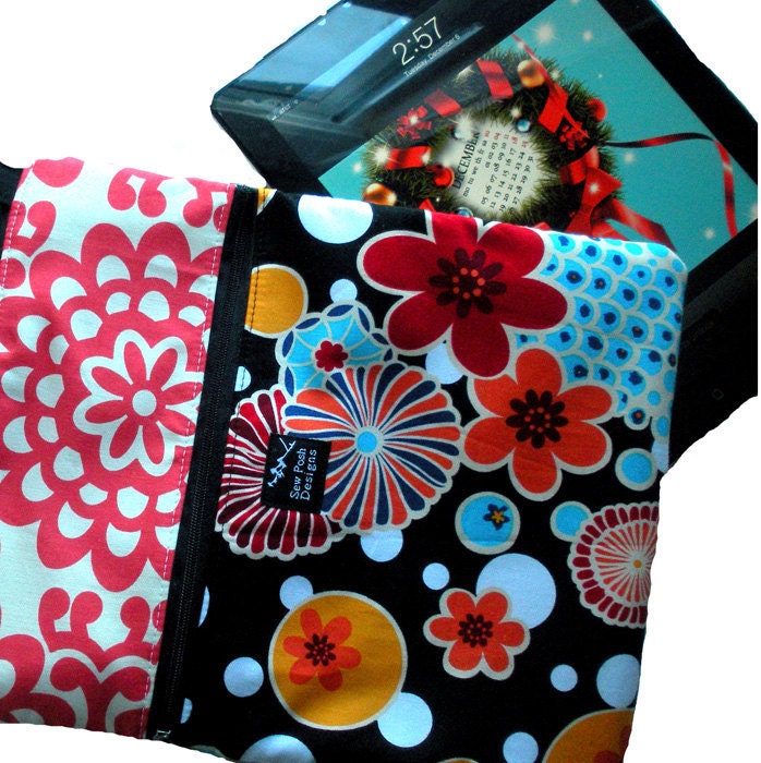 Red Black Blue Retro Oriental Flowers Tokyo Pop Fabric iPad Kindle Nook  E Reader Sleeve Passport Travel Washable Messenger Bag  Sling Purse
