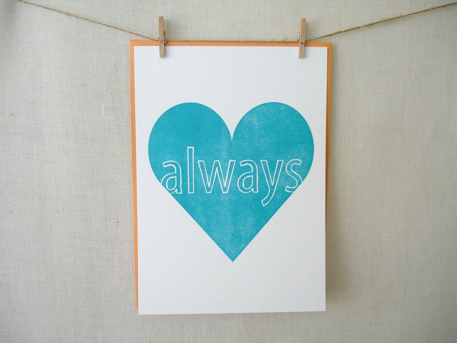Valentine's Day - Love Always, Letterpress Print, 5x7, Teal Heart