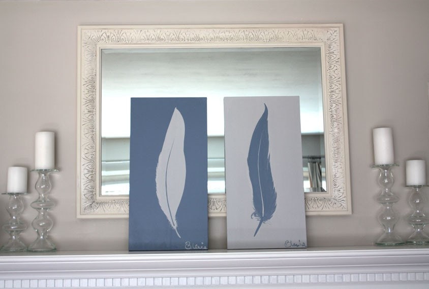 Large Feather. Set of Two. Original Acrylic Painting