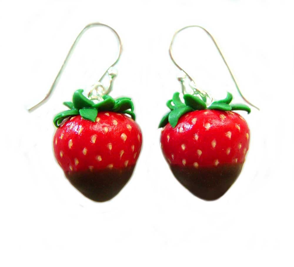 Strawberry Earrings - Miniature Food - Chocolate Dipped