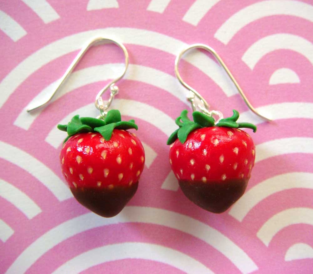 Strawberry Earrings - Miniature Food - Chocolate Dipped
