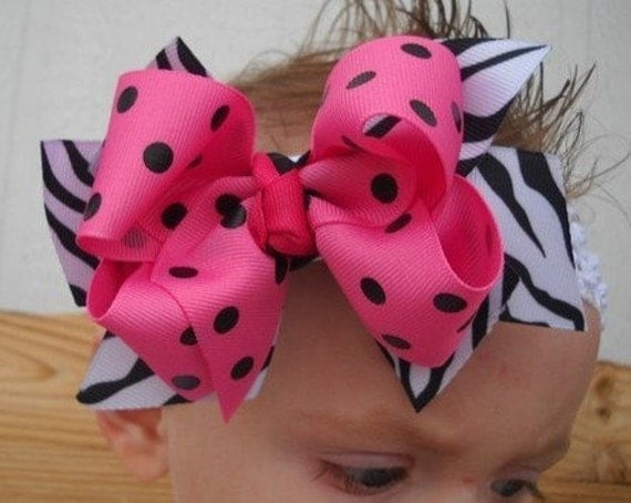 Boutique Hairbow..Wild Zebra Spikey Double Layered Hair Bow with Headband..Great for newborn toddler big girl