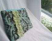 Brown and Blue Floral Clutch with Moss Green Ruffle