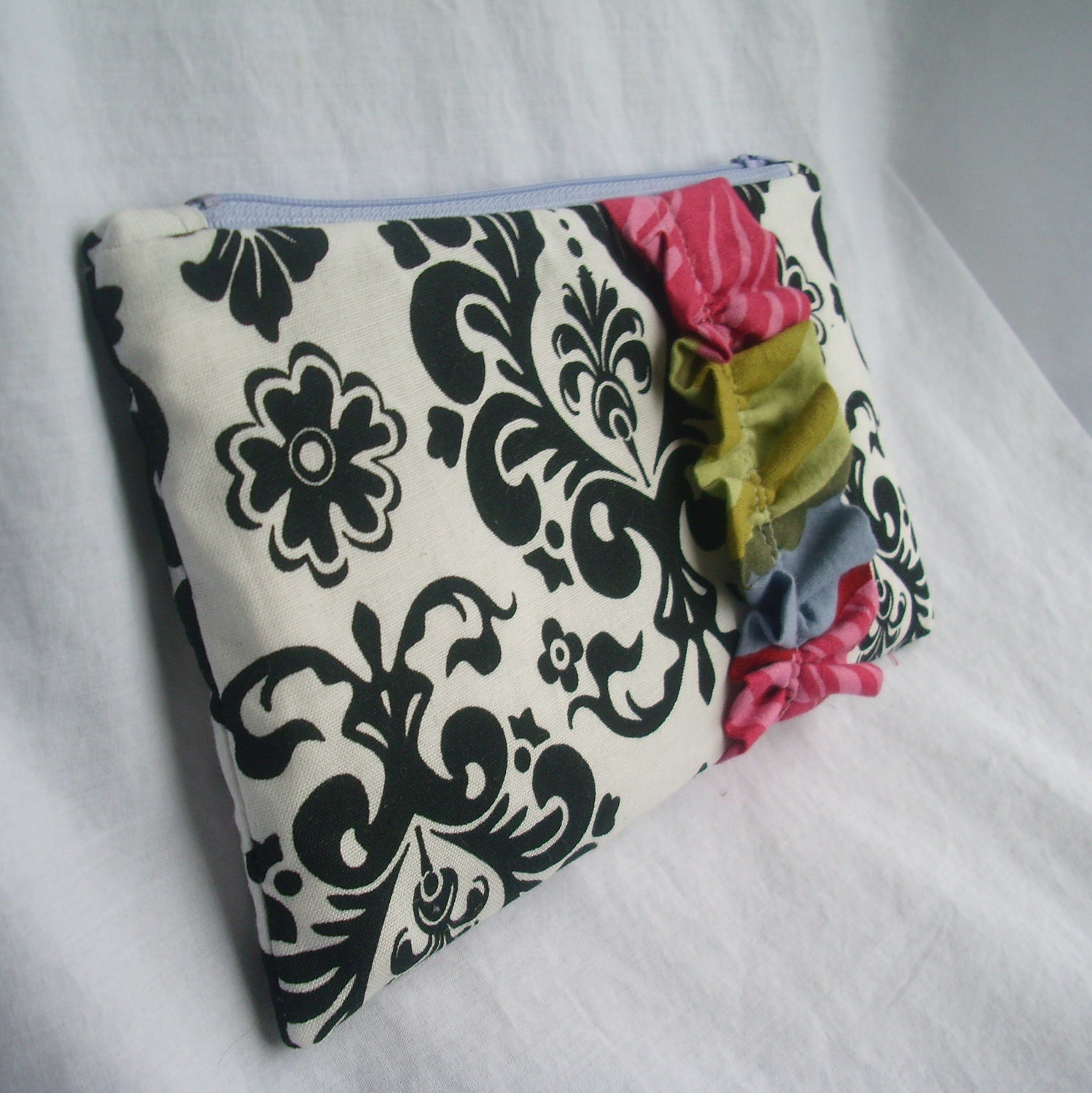 White and Black Damask Clutch with Bright Floral Ruffle