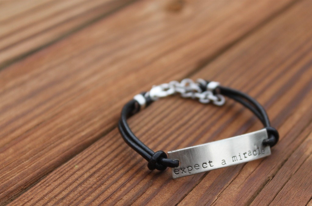 Expect A Miracle hand stamped bracelet in silver and leather
