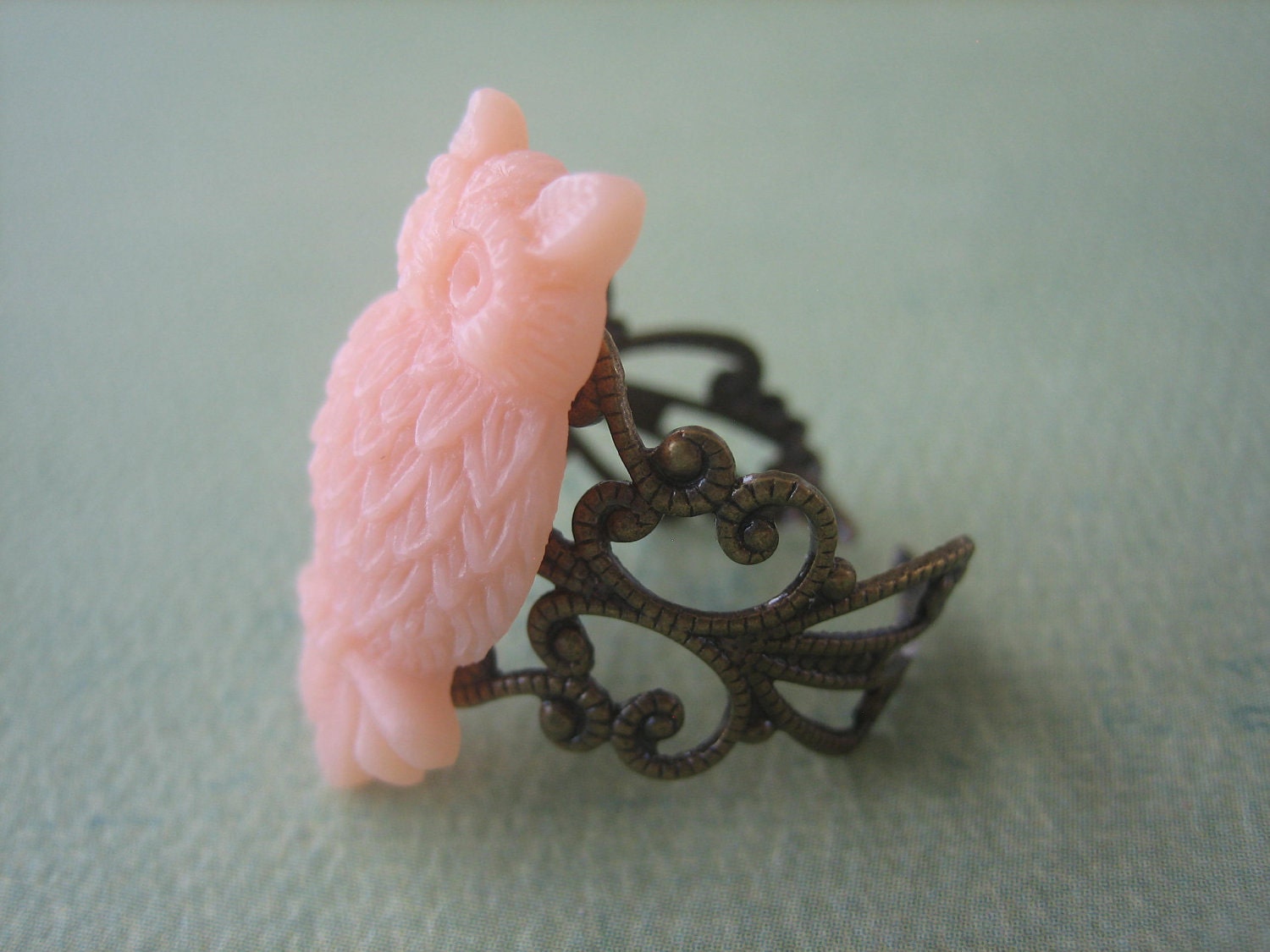 Peach Owl Ring - Antique Brass Adjustable Filigree Ring - Free US Shipping - Jewelry by ZARDENIA