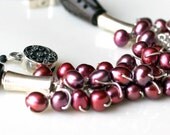 red raspberry pearl necklace. sterling wire wrapped pearls and beaded black carved wood and garnet necklace uniquenecks jewelry