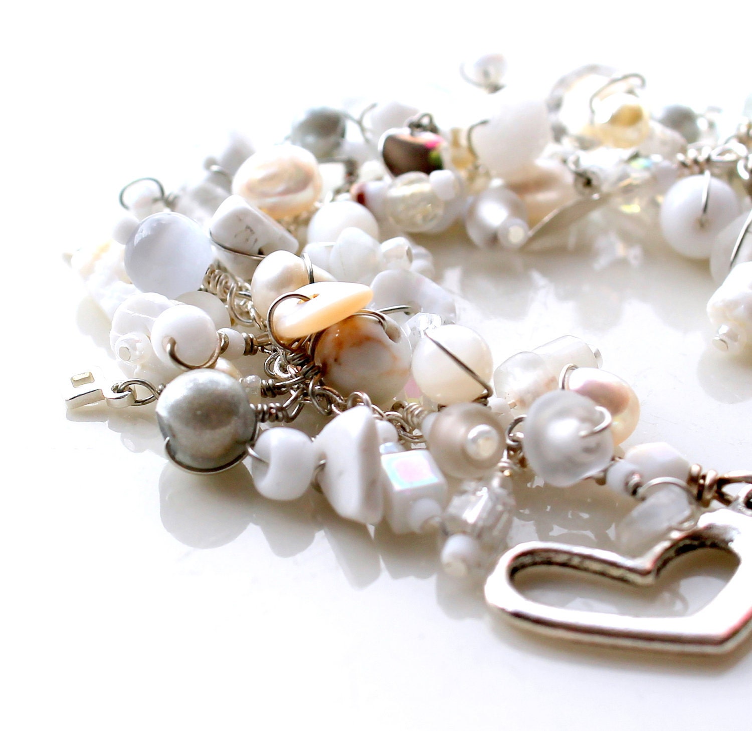 white beaded bracelet. beaded fringe confetti bracelet white silver beads charms swarovski jewelry wire wrapped beaded heart bracelet