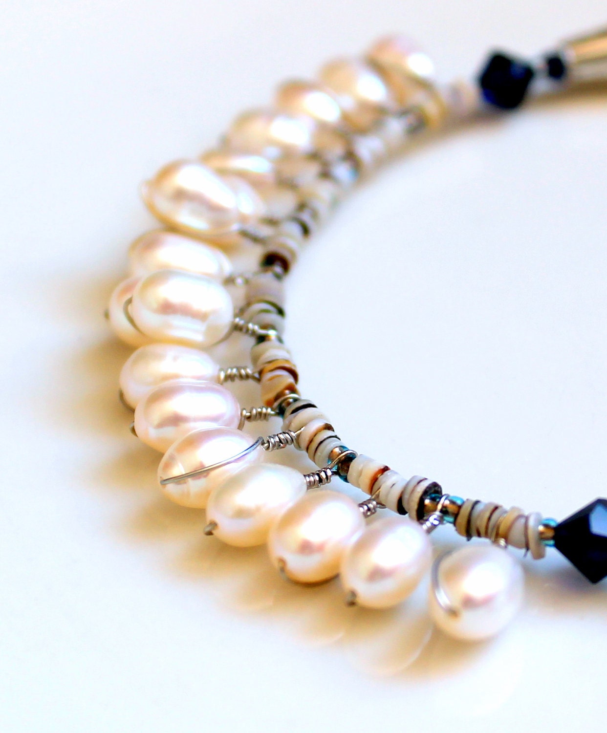 pearl wrapped necklace. beaded bridal jewelry lapis lazuli and seashells
