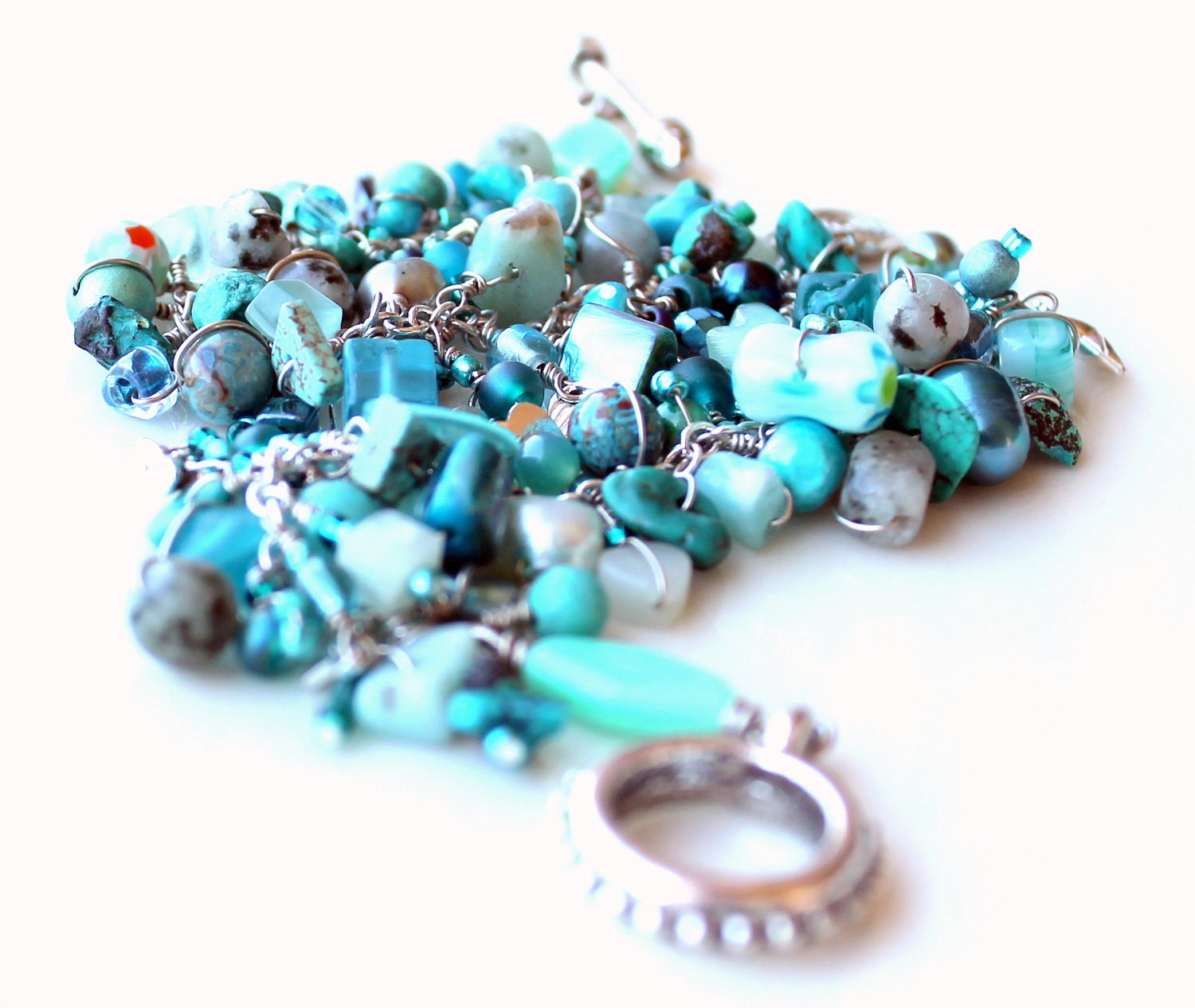 beaded teal anklet. turquoise beads. wire wrapped mini charms. wire wrapped gemstone jewelry by uniquenecks