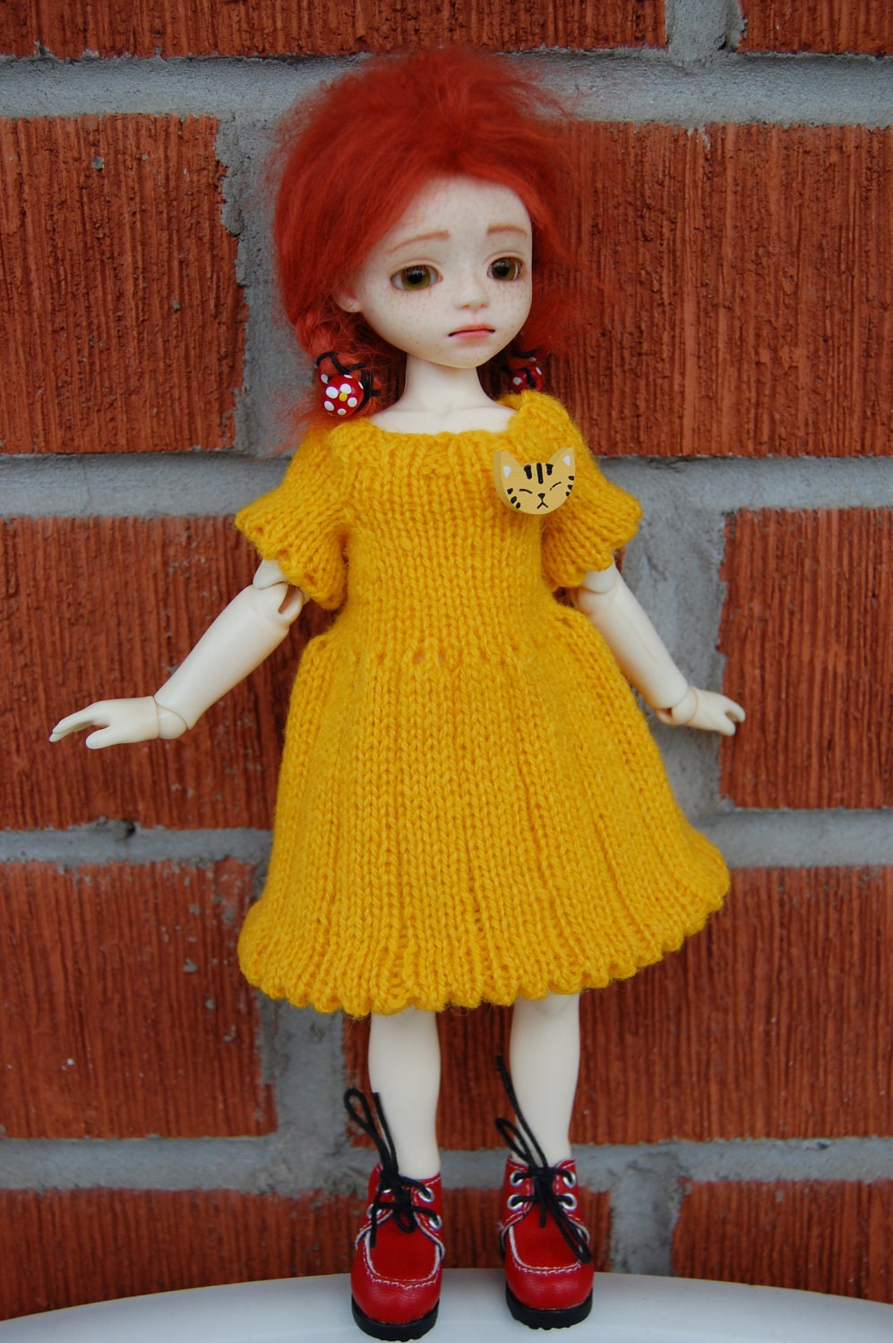 Handknitted SUNSHINE dress for petite sized ball-jointed dolls