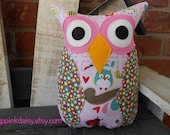 SALE- Pink Owl Pillow /Camille pottery barn nursery / stuffed owl / alphabet pink-yellow-aqua-red-orange-lime/ LAST ONE/Ready to Ship