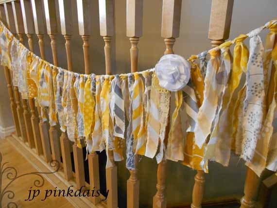 Wedding Torn Fabric Garland / Banner /Shabby Chic/  Fabric Rag Tie Garland  /Baby Shower/Birthday / Nursery / yellow gray