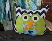 Boy Owl Pillow Chevron /Navy Blue Orange Lime /Stuffed/ Ocean Birthday / Pottery Barn /Shower/Limited Edition RTS