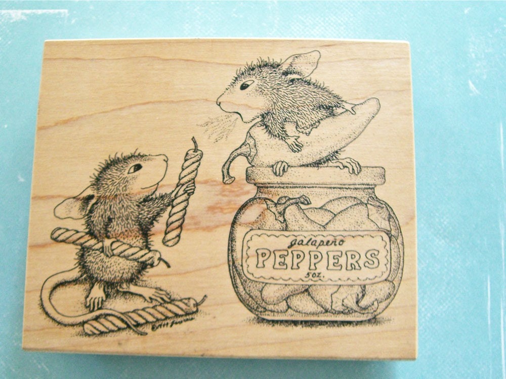 Mice and Jalapeno Peppers Rubber Stamp, Cinco de Mayo, Birthday Party, Bar-B-Cue Invitation Stamp