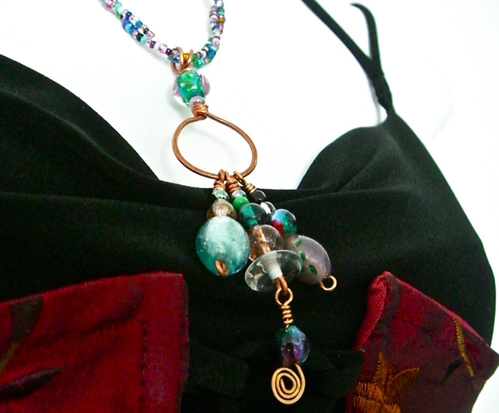 Boho Copper and Lampwork Necklace, Bohemian Jewelry, Hammered and Wire Wrapped, Artsy, Hippie