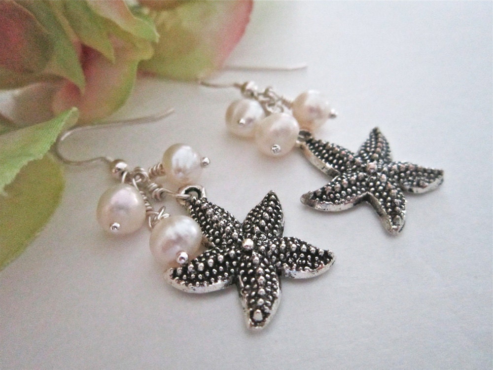 Silver Starfish Earrings with Cultured Pearls, Destination Wedding, Beach Wedding, Hawaiian, Tropical