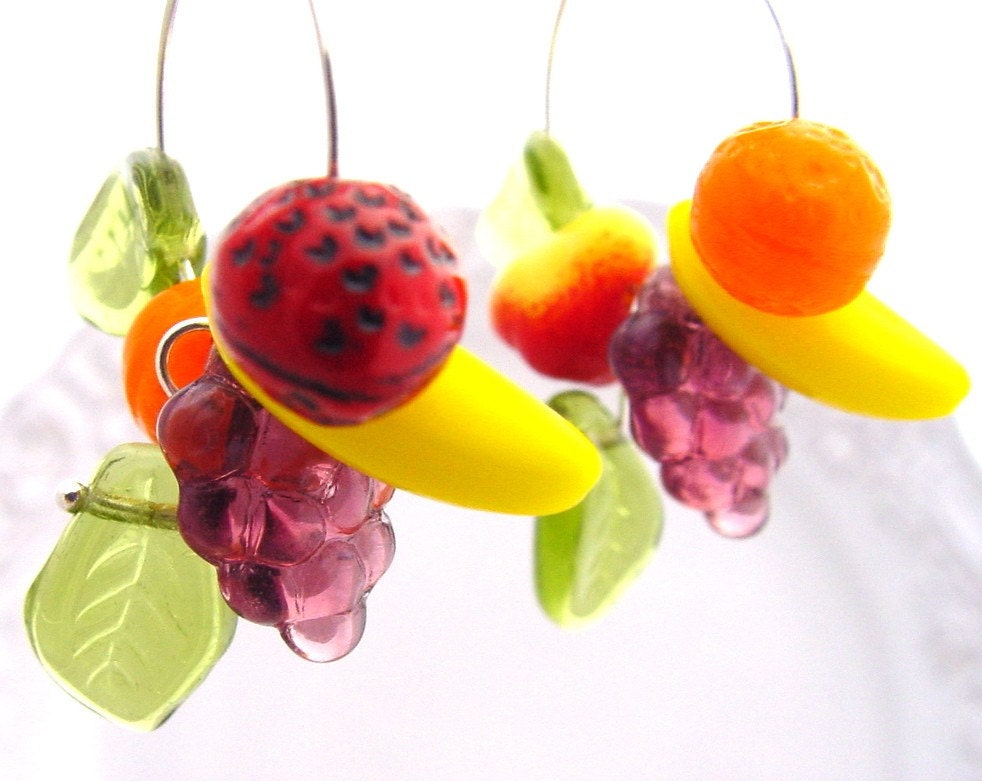 Loops of fruits Carmen Miranda vintage beadwork earrings