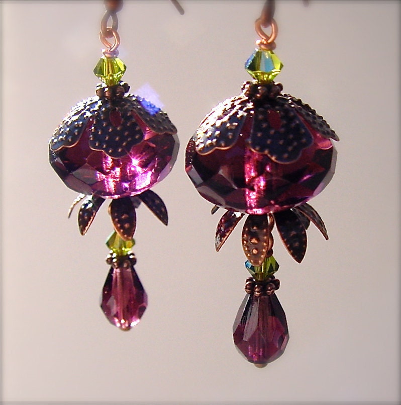 Purple and green earrings antique copper vintage look