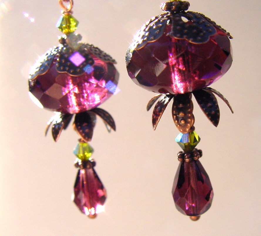 Purple and green earrings antique copper vintage look