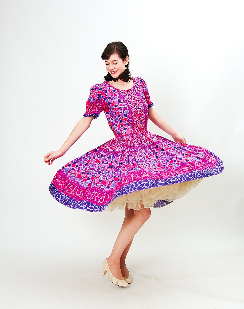Vintage 1970s Party Dress - 70s Summer Dress - Violet & Hot Pink Mosaic Print