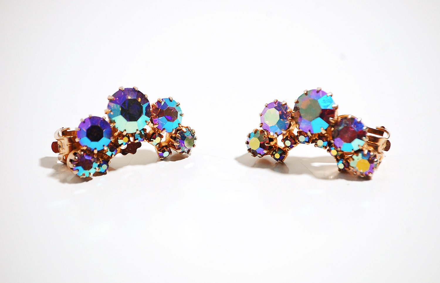 Vintage 1960s Earrings - 60s Rhinestone Earrings - Iridescent Crescents