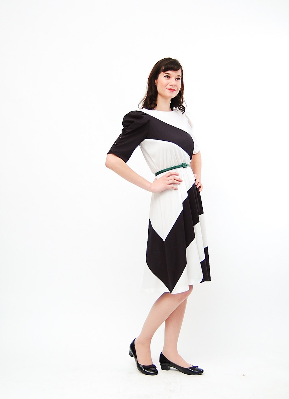 Vintage 1980s Dress - 80s Party Dress - Black and White Stripe