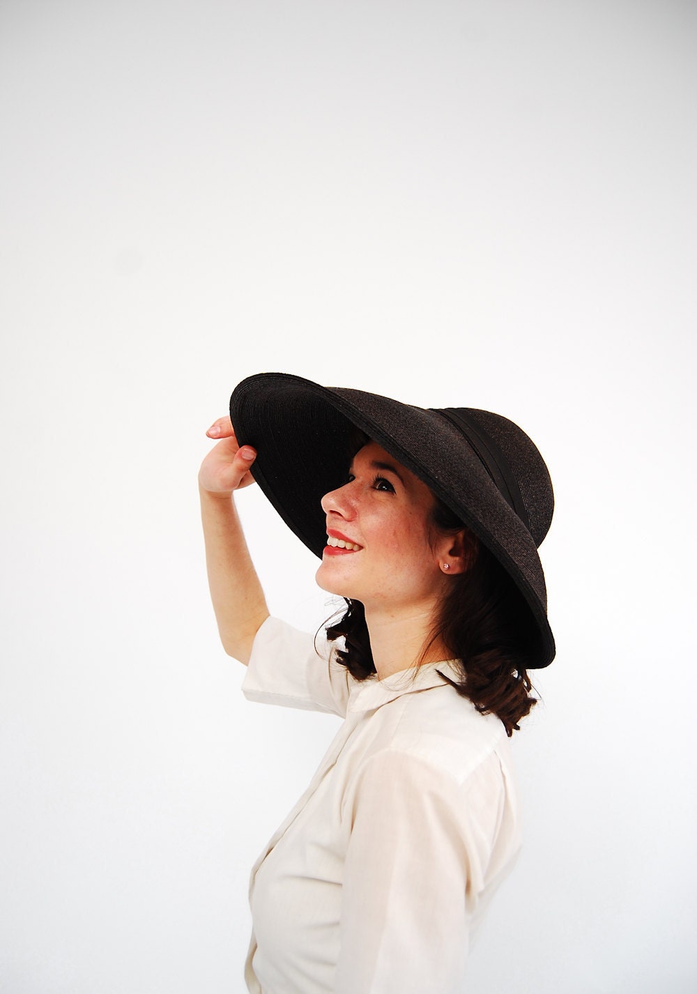Vintage 1930s Hat - 30s Wide Brim Hat - Black Straw