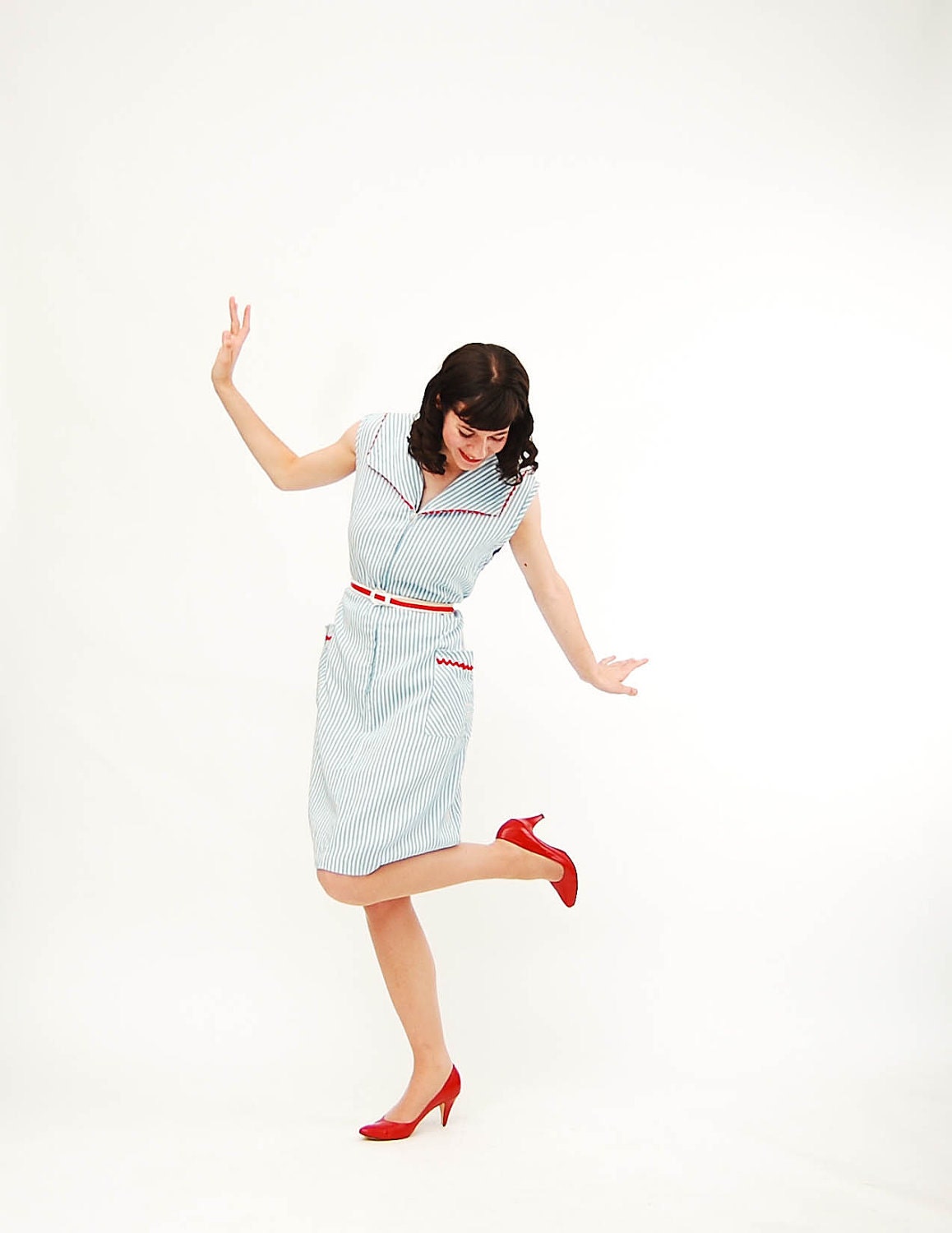 ON SALE -Vintage 1960s House Dress - 60s Summer Dress - Sky Blue and White Stripes - Plus Size