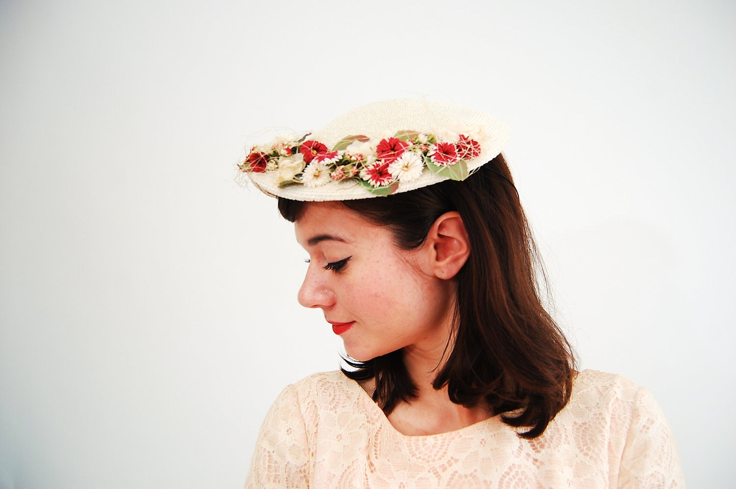 RESERVED - Vintage 1950s Hat - 50s Topper Hat - Red and White Flowers