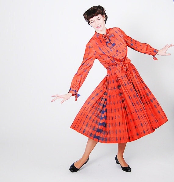 Vintage 1950s Dress - 50s Party Dress - Tangerine & Indigo DNA Print