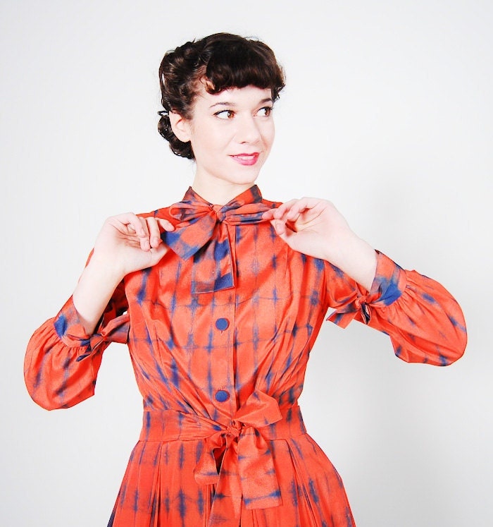Vintage 1950s Dress - 50s Party Dress - Tangerine & Indigo DNA Print