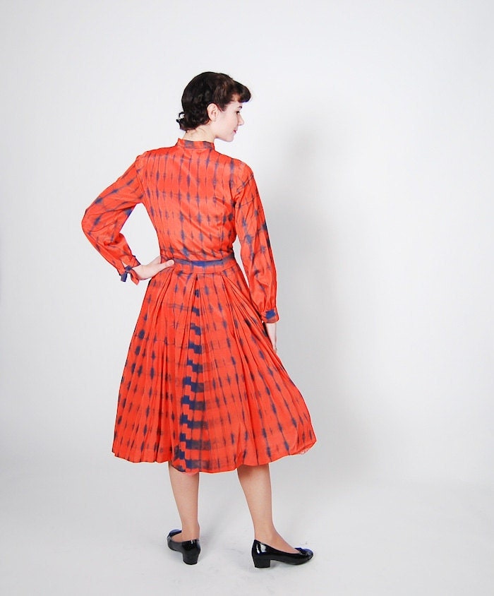 Vintage 1950s Dress - 50s Party Dress - Tangerine & Indigo DNA Print
