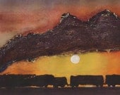 Night Train art Print ( a steam locomotive at sunset  hauling a load off coal.)