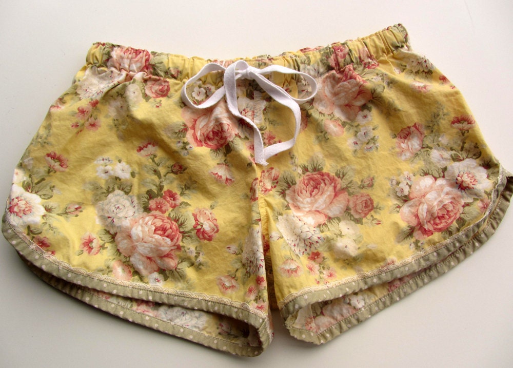 Pretty Yellow Rose Floral Cotton Pajama Sleep Lounge Shorts Made to Order