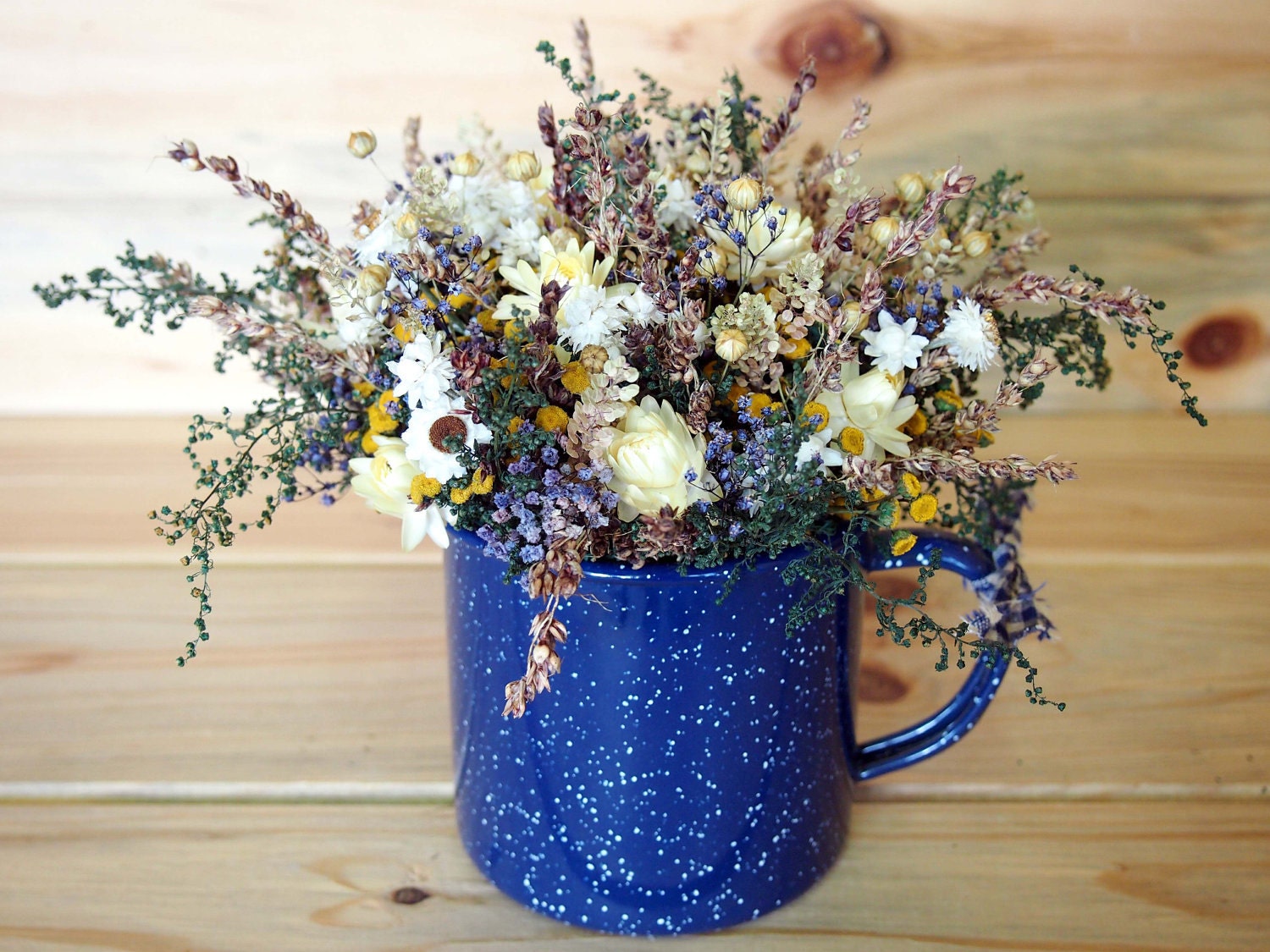 Blue Tin TEACUP filled with Country Dried Flowers - A Perfect Rustic Arrangement to give as a Gift